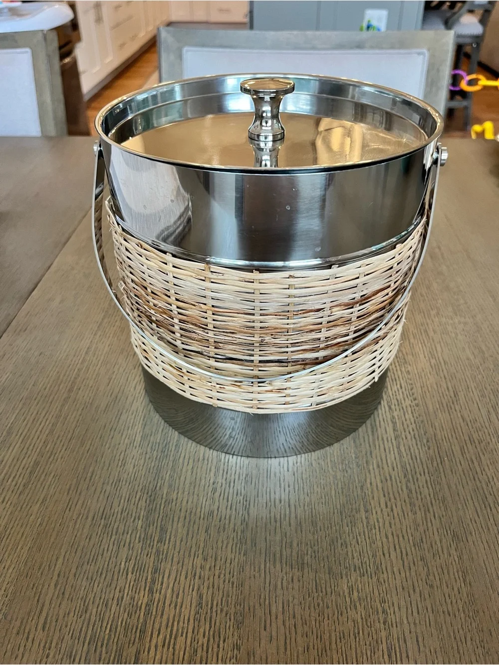 Tommy Bahama Silver and Natural Wicker Ice Bucket with Handle